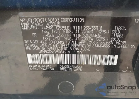 2008 Toyota Rav4 Sport V6 z USA, uszkodzony, nr VIN JTMBK32V085051218